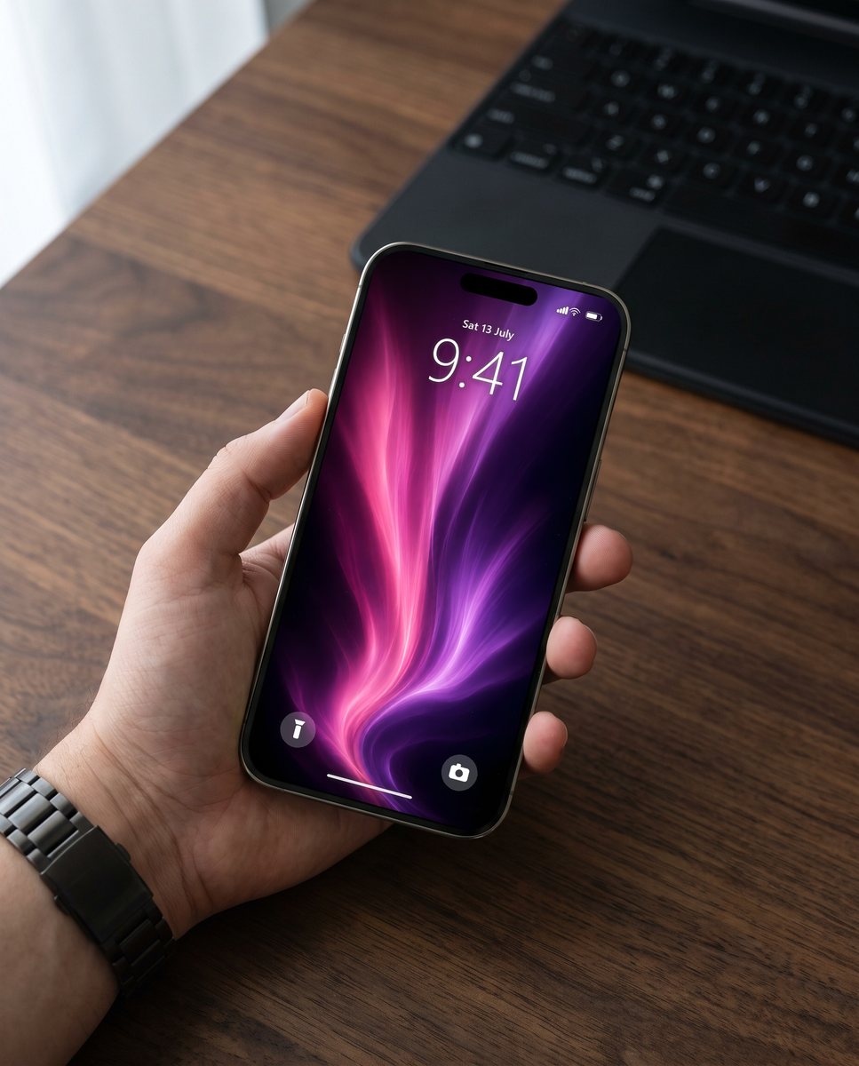 Aurora wallpaper on an iPhone held above a walnut desk