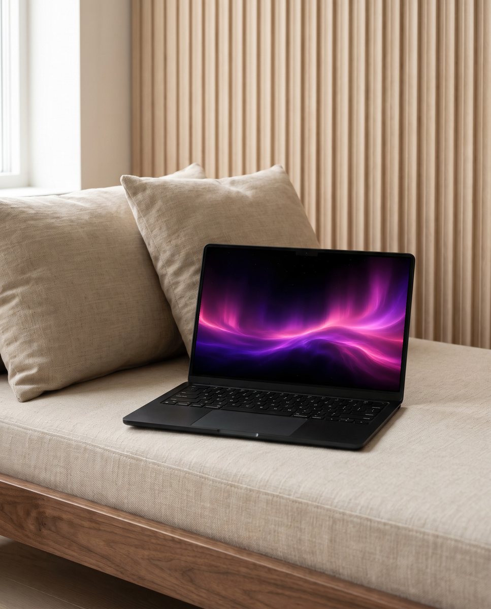 Aurora wallpaper on a laptop on a linen daybed