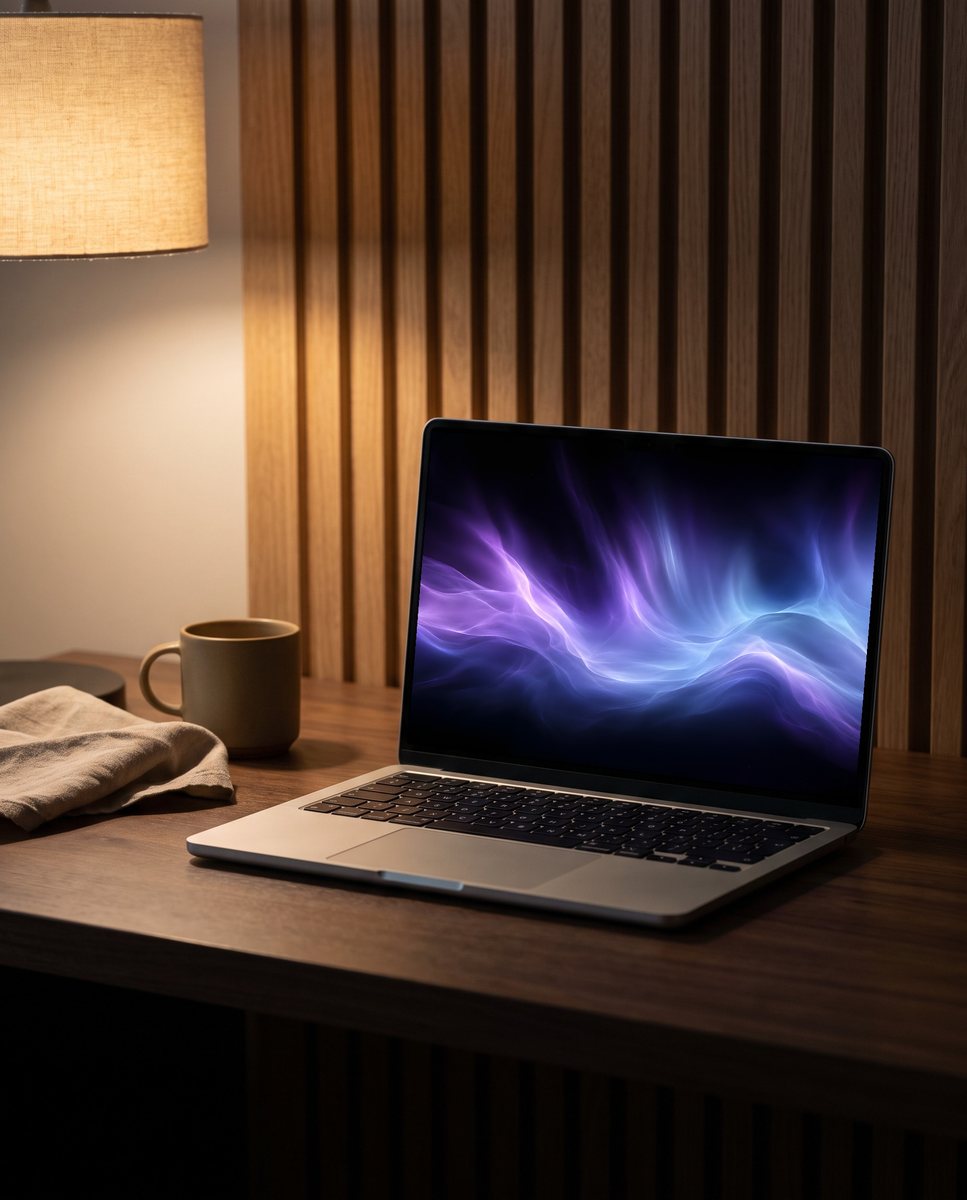 Aurora wallpaper on a laptop on a walnut desk in warm lamplight