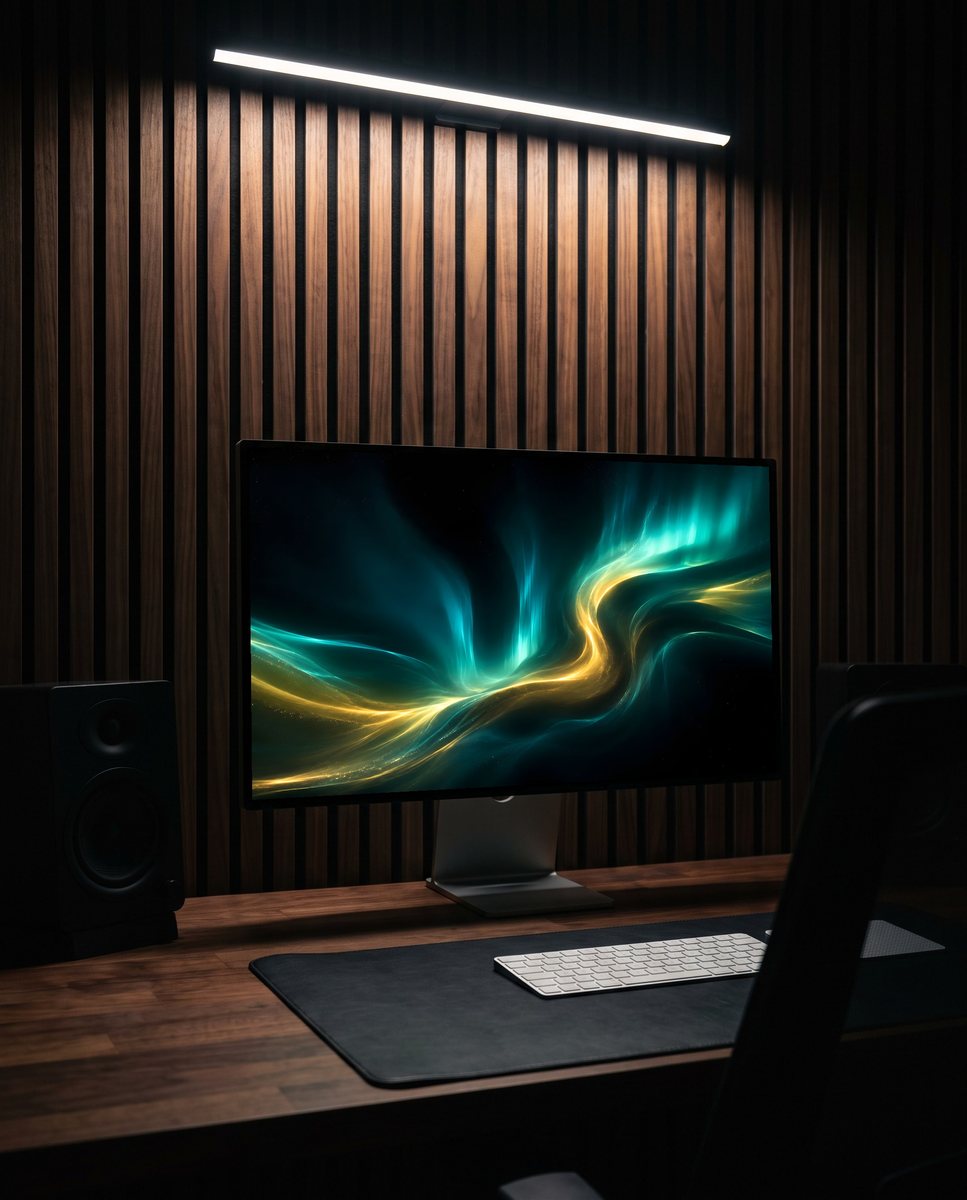 Aurora wallpaper on a monitor against a walnut slat wall at night