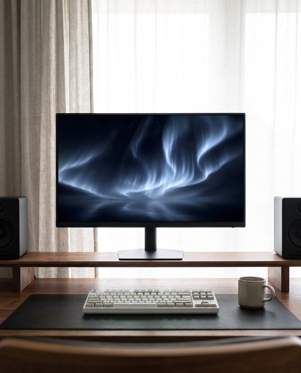 Aurora wallpaper on a monitor on a walnut riser shelf