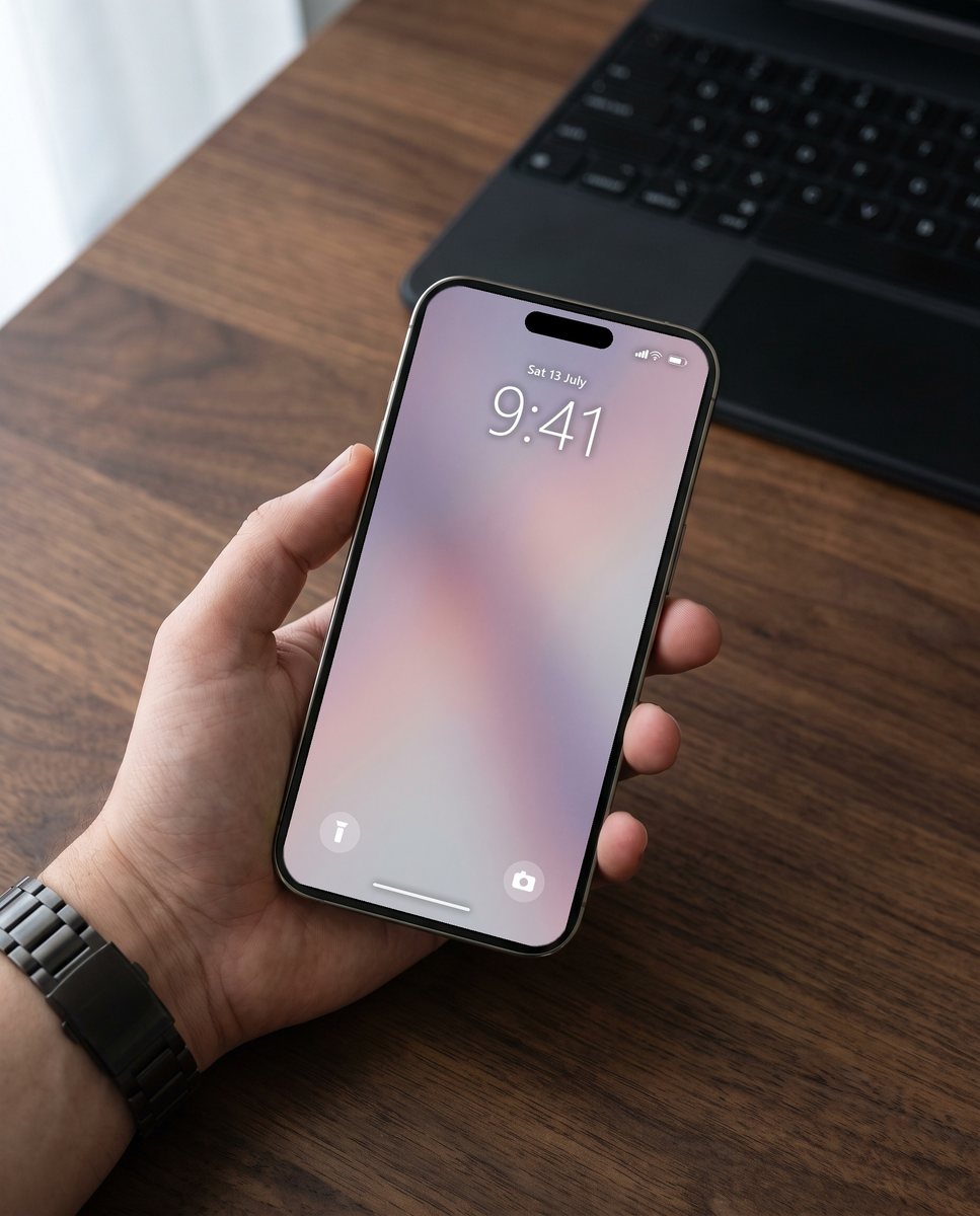 Grainy Gradient wallpaper on an iPhone held above a walnut desk