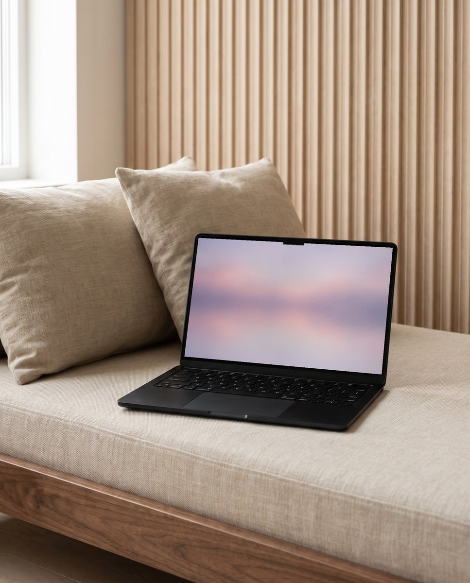 Grainy Gradient wallpaper on a laptop on a linen daybed