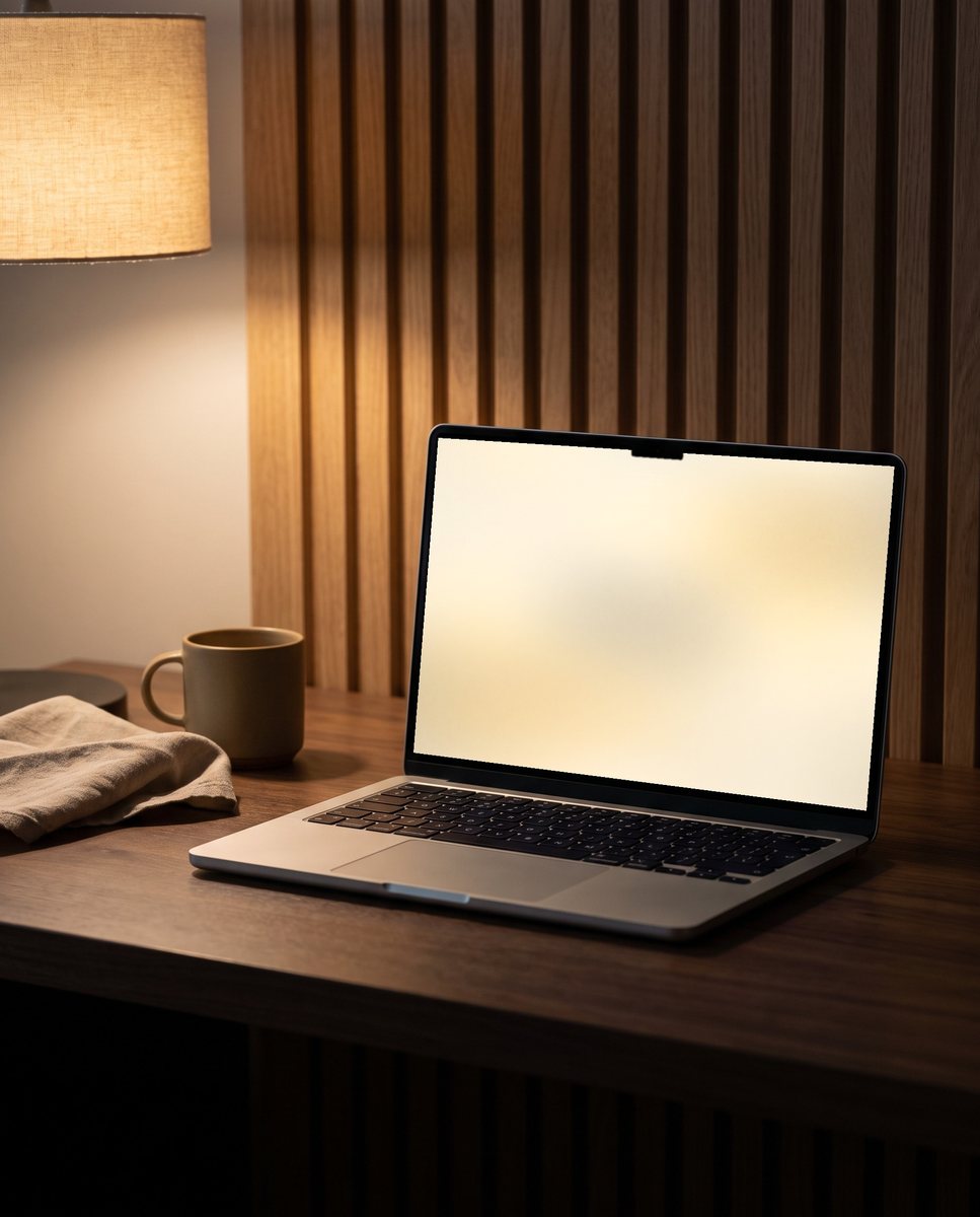 Grainy Gradient wallpaper on a laptop on a walnut desk in warm lamplight