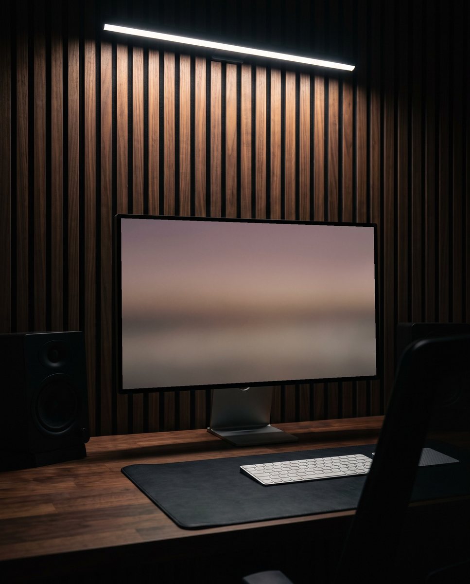 Grainy Gradient wallpaper on a monitor against a walnut slat wall at night