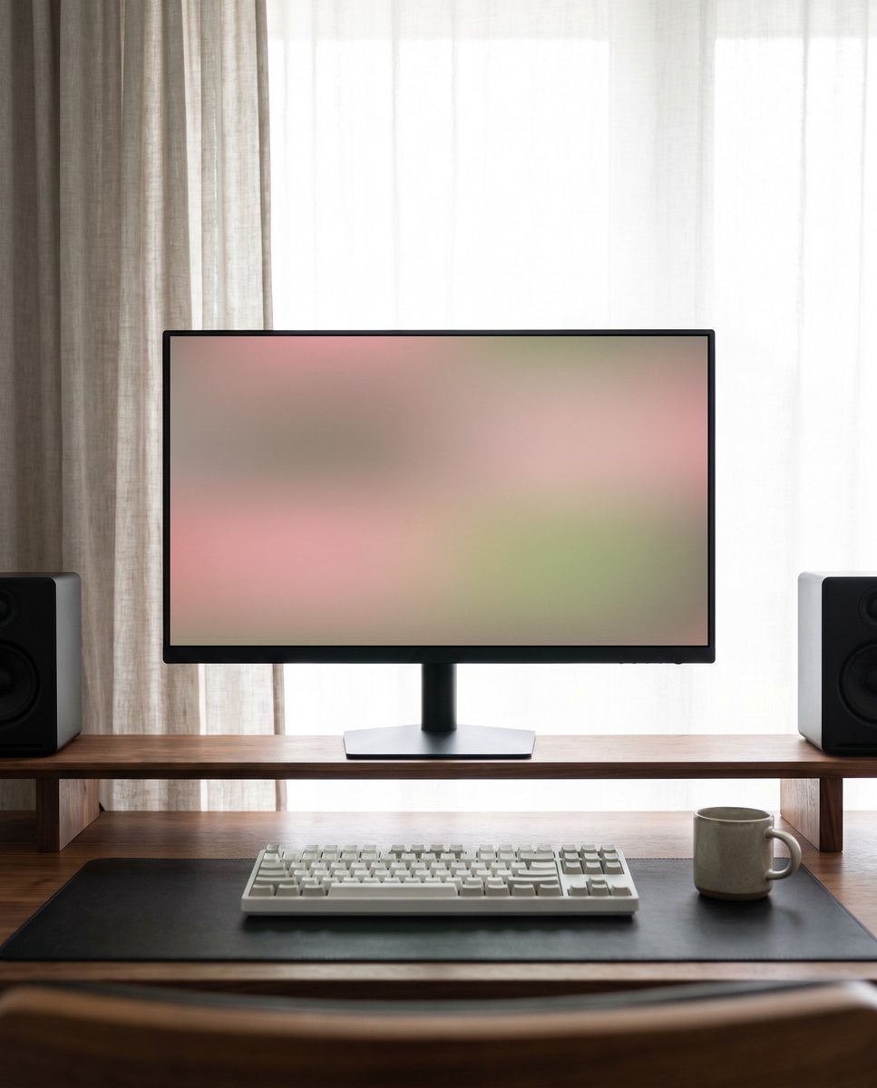 Grainy Gradient wallpaper on a monitor on a walnut riser shelf