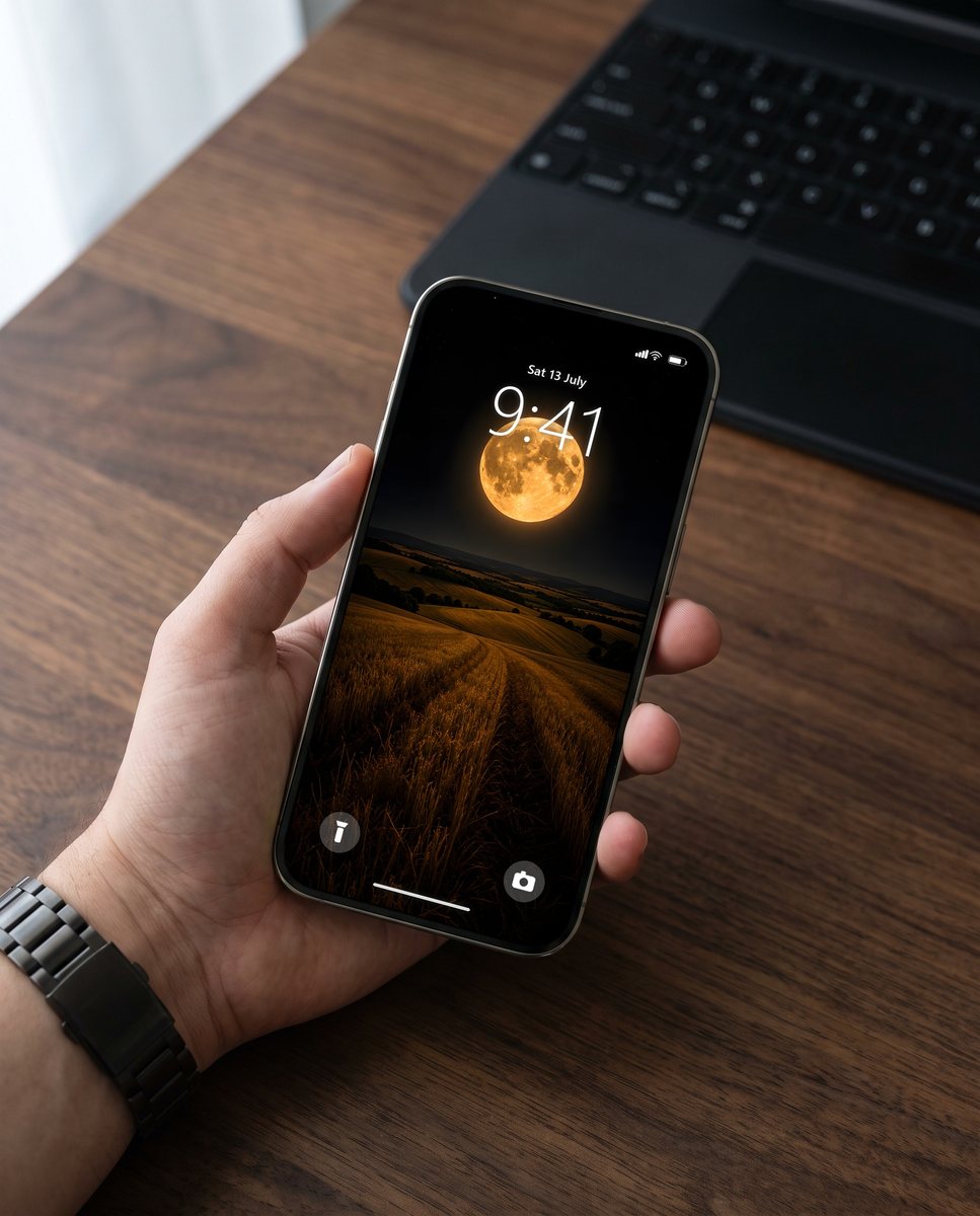 Full Moon wallpaper on an iPhone held above a walnut desk