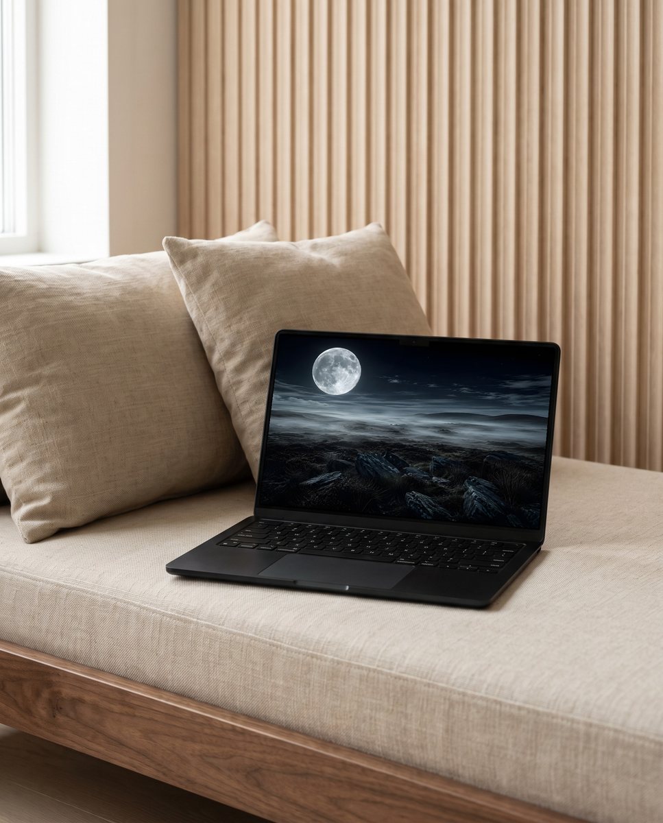 Full Moon wallpaper on a laptop on a linen daybed