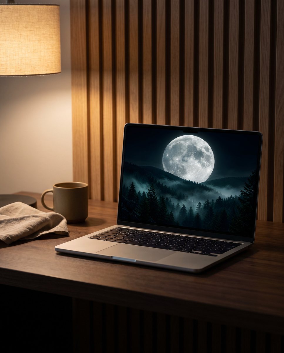 Full Moon wallpaper on a laptop on a walnut desk in warm lamplight