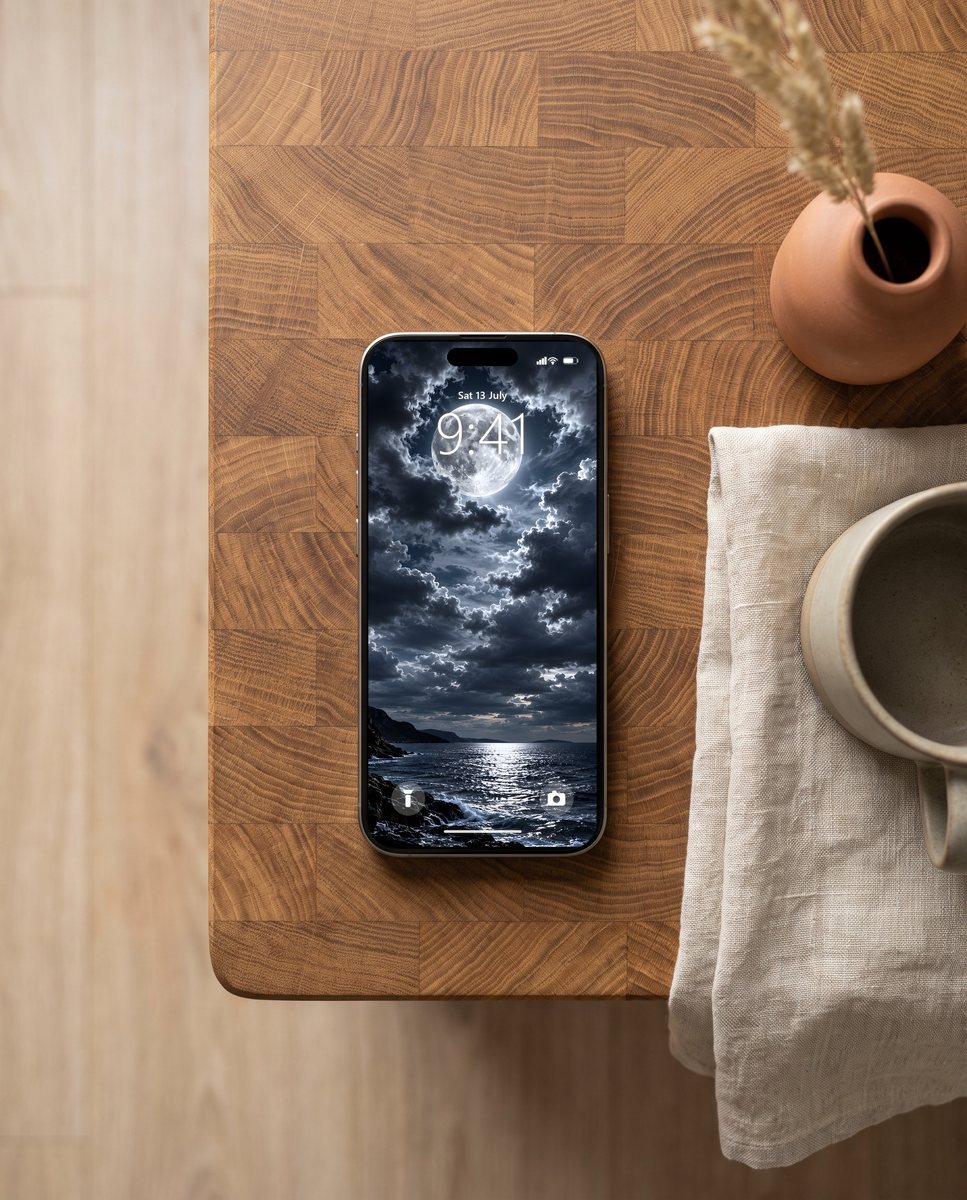 Full Moon wallpaper on an iPhone on an oak worktop with linen