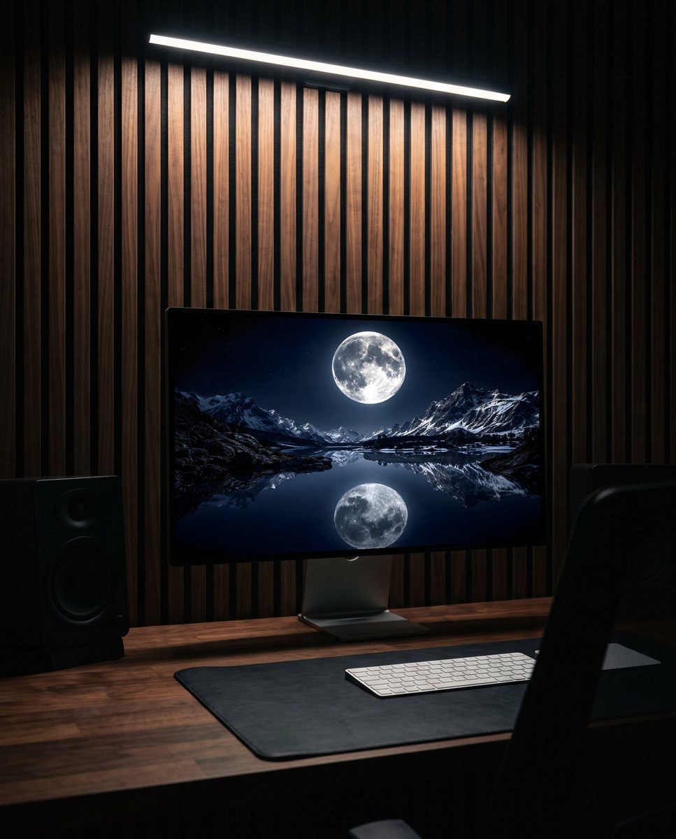 Full Moon wallpaper on a monitor against a walnut slat wall at night