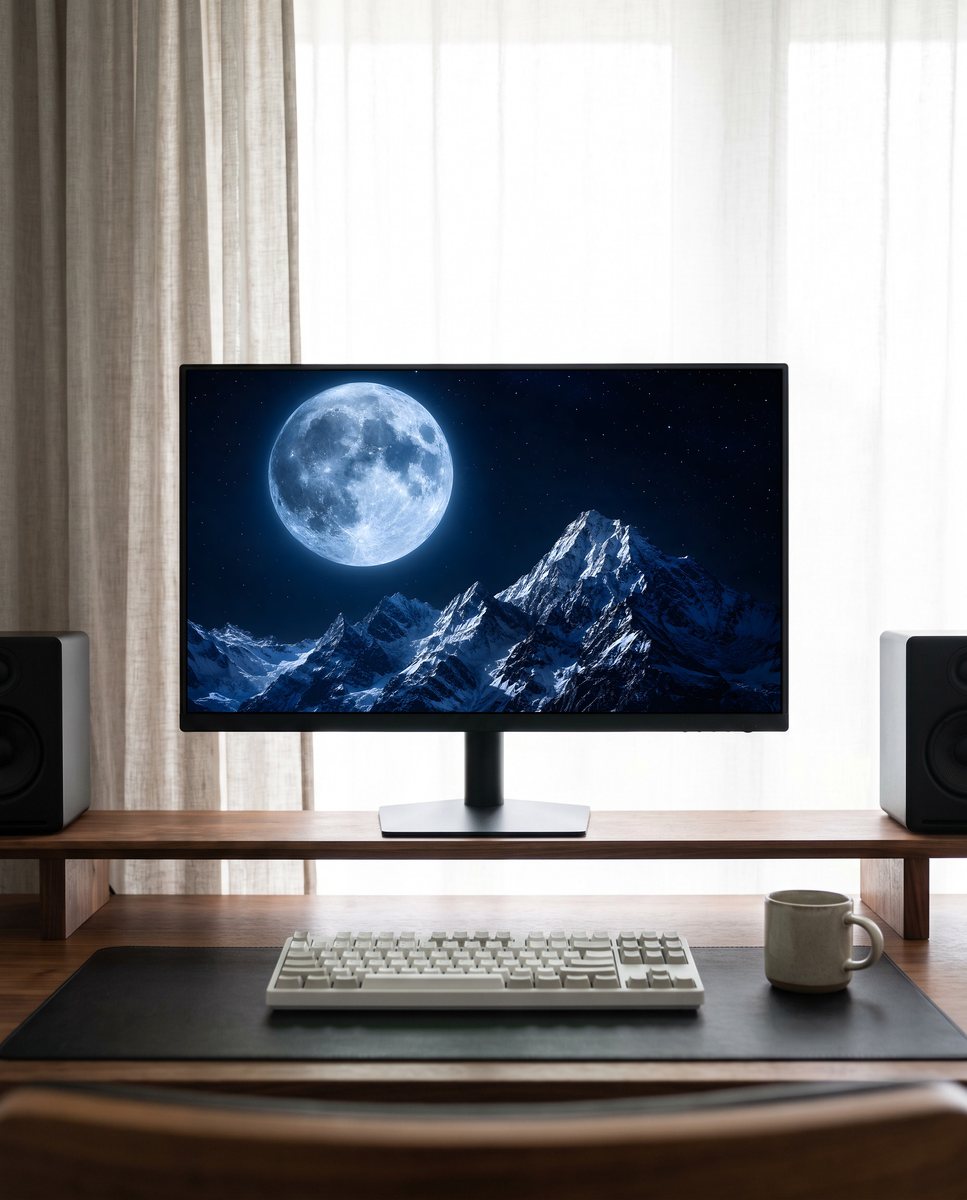Full Moon wallpaper on a monitor on a walnut riser shelf