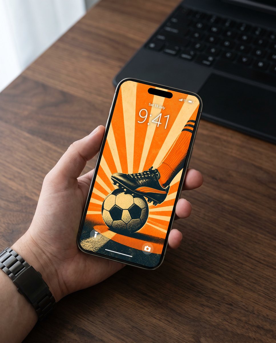 Retro Kickoff wallpaper on an iPhone held above a walnut desk