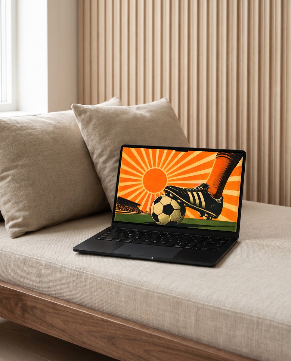 Retro Kickoff wallpaper on a laptop on a linen daybed