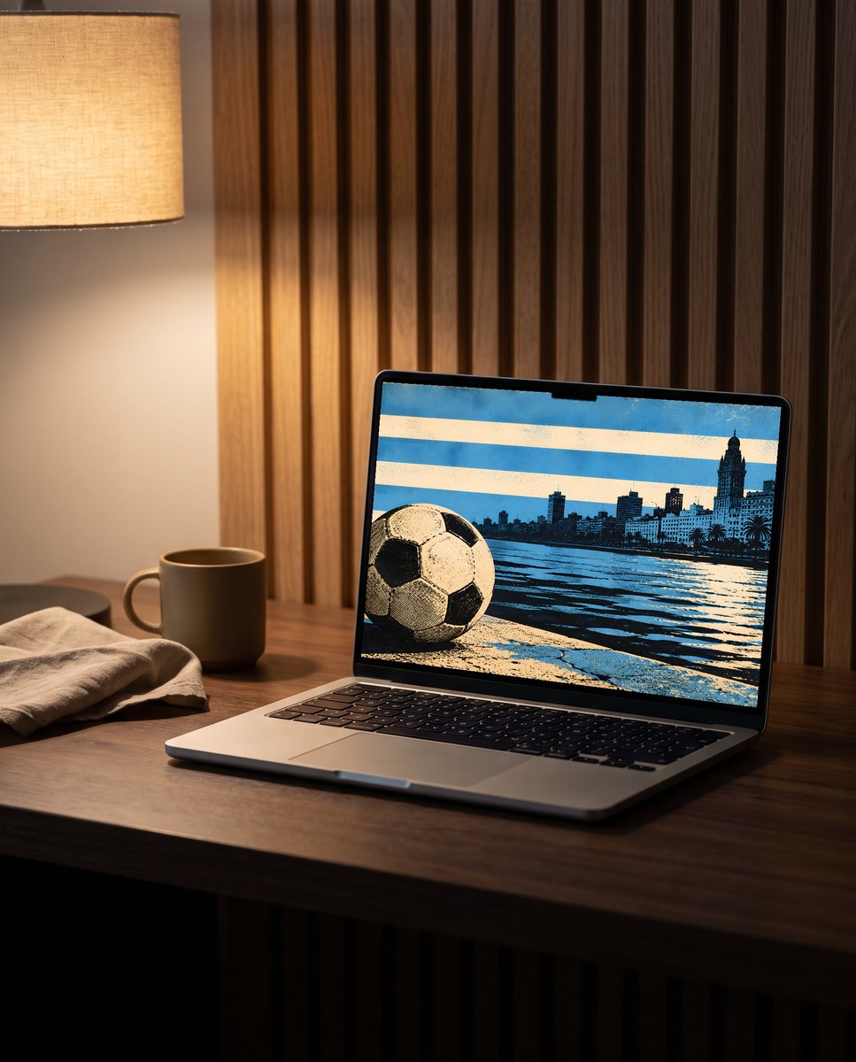Retro Kickoff wallpaper on a laptop on a walnut desk in warm lamplight