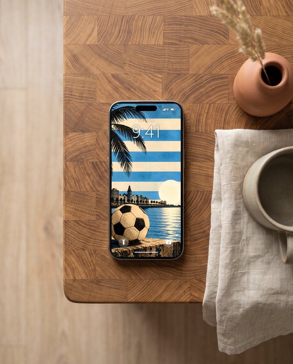 Retro Kickoff wallpaper on an iPhone on an oak worktop with linen