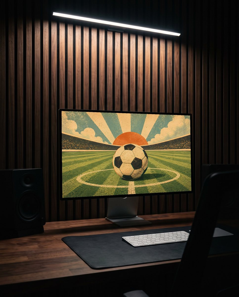 Retro Kickoff wallpaper on a monitor against a walnut slat wall at night
