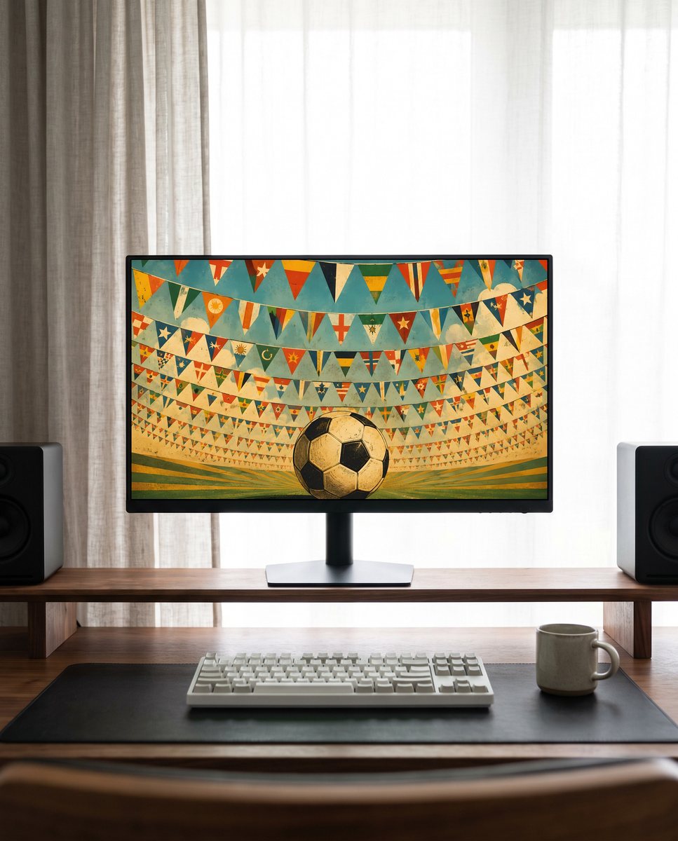 Retro Kickoff wallpaper on a monitor on a walnut riser shelf