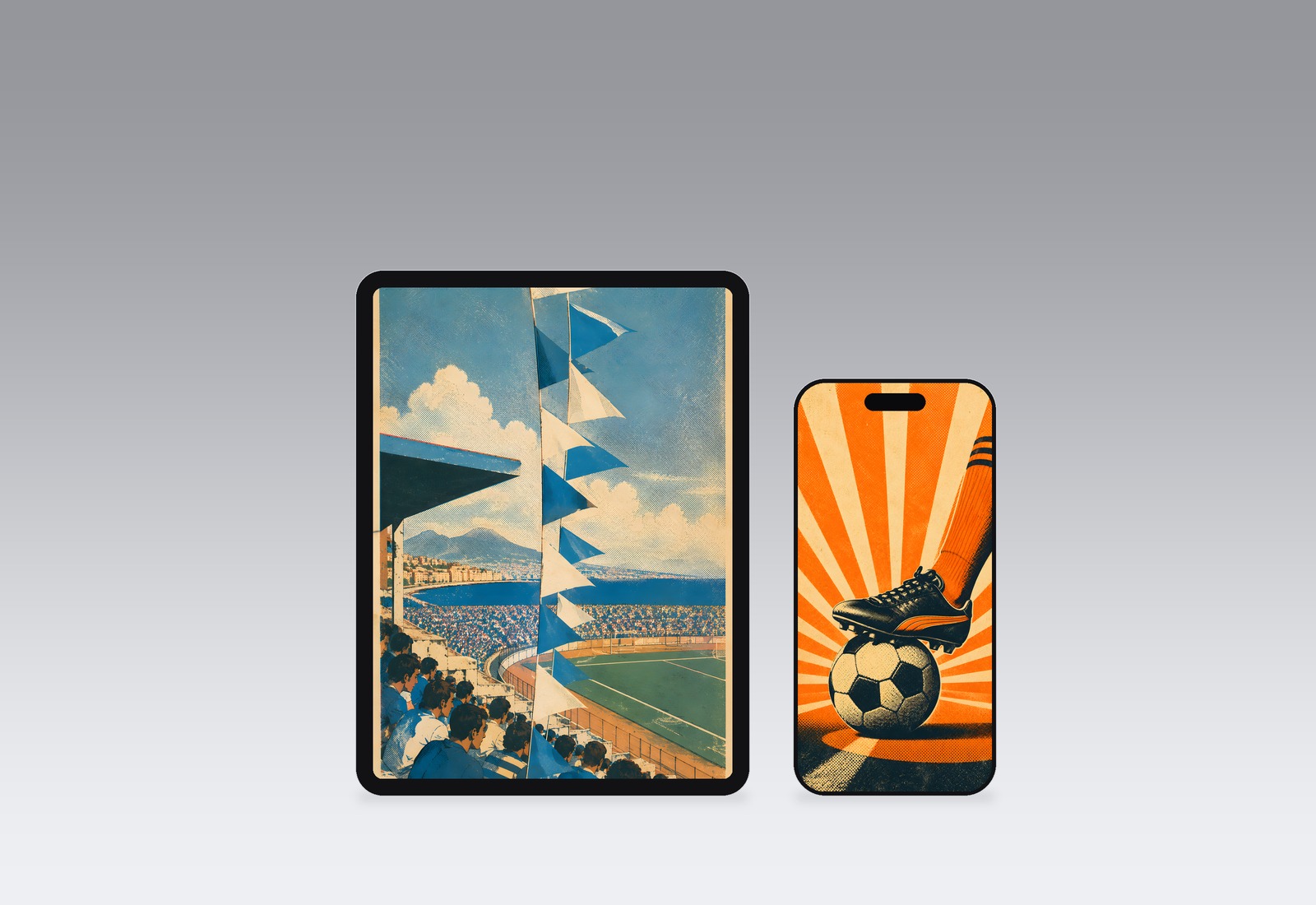 Retro Kickoff wallpapers on an iPad and iPhone, second design