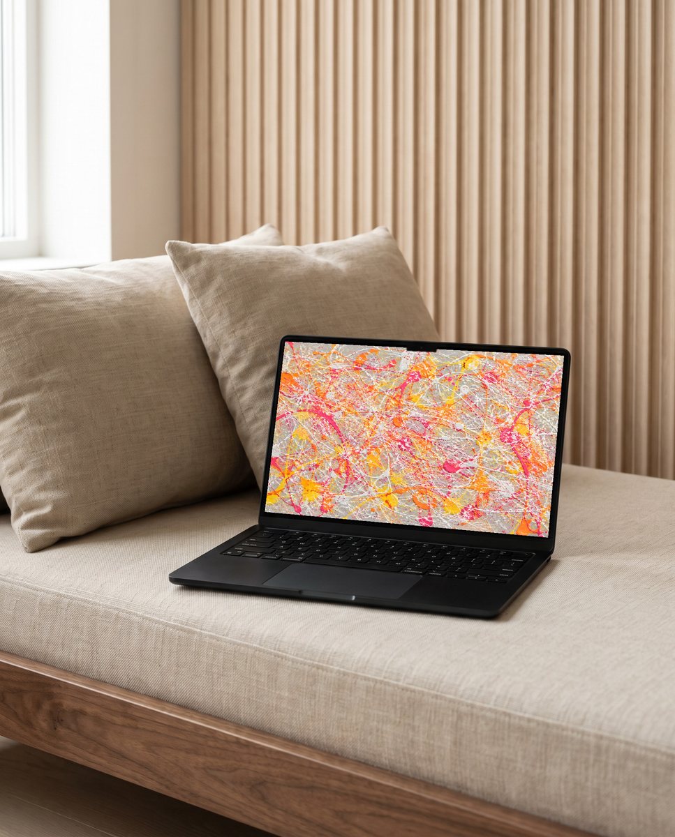 Splatter wallpaper on a laptop on a linen daybed