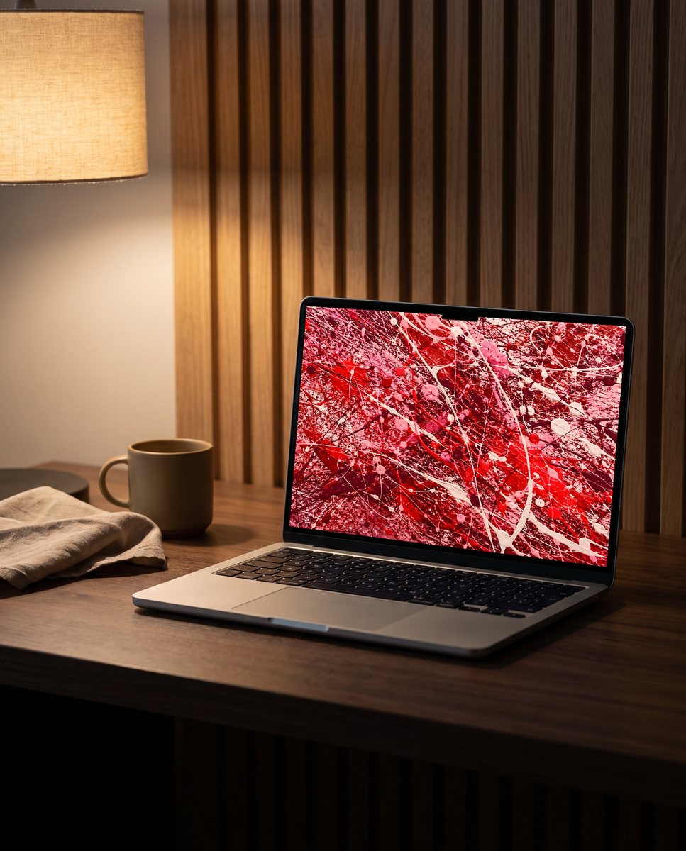 Splatter wallpaper on a laptop on a walnut desk in warm lamplight