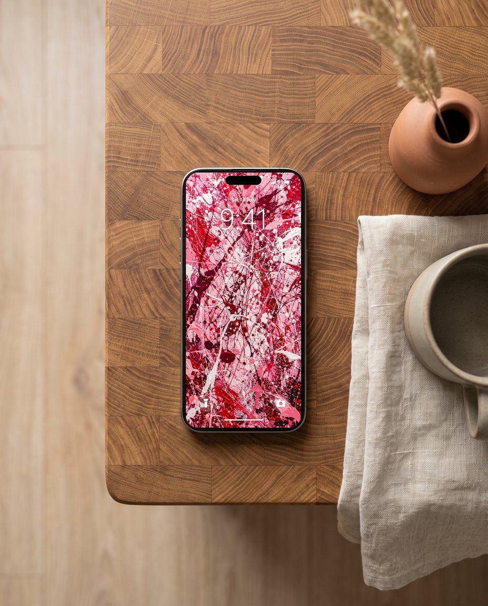 Splatter wallpaper on an iPhone on an oak worktop with linen