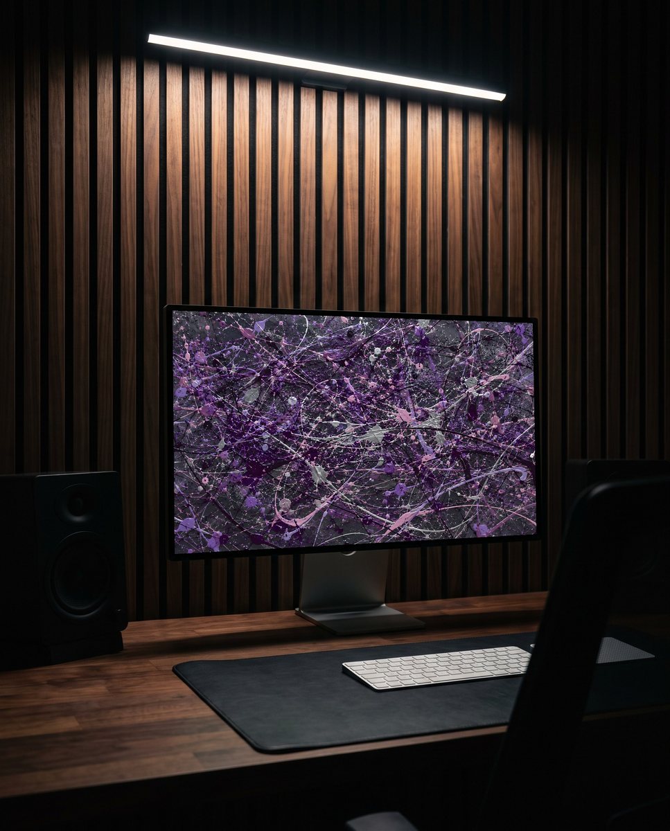 Splatter wallpaper on a monitor against a walnut slat wall at night