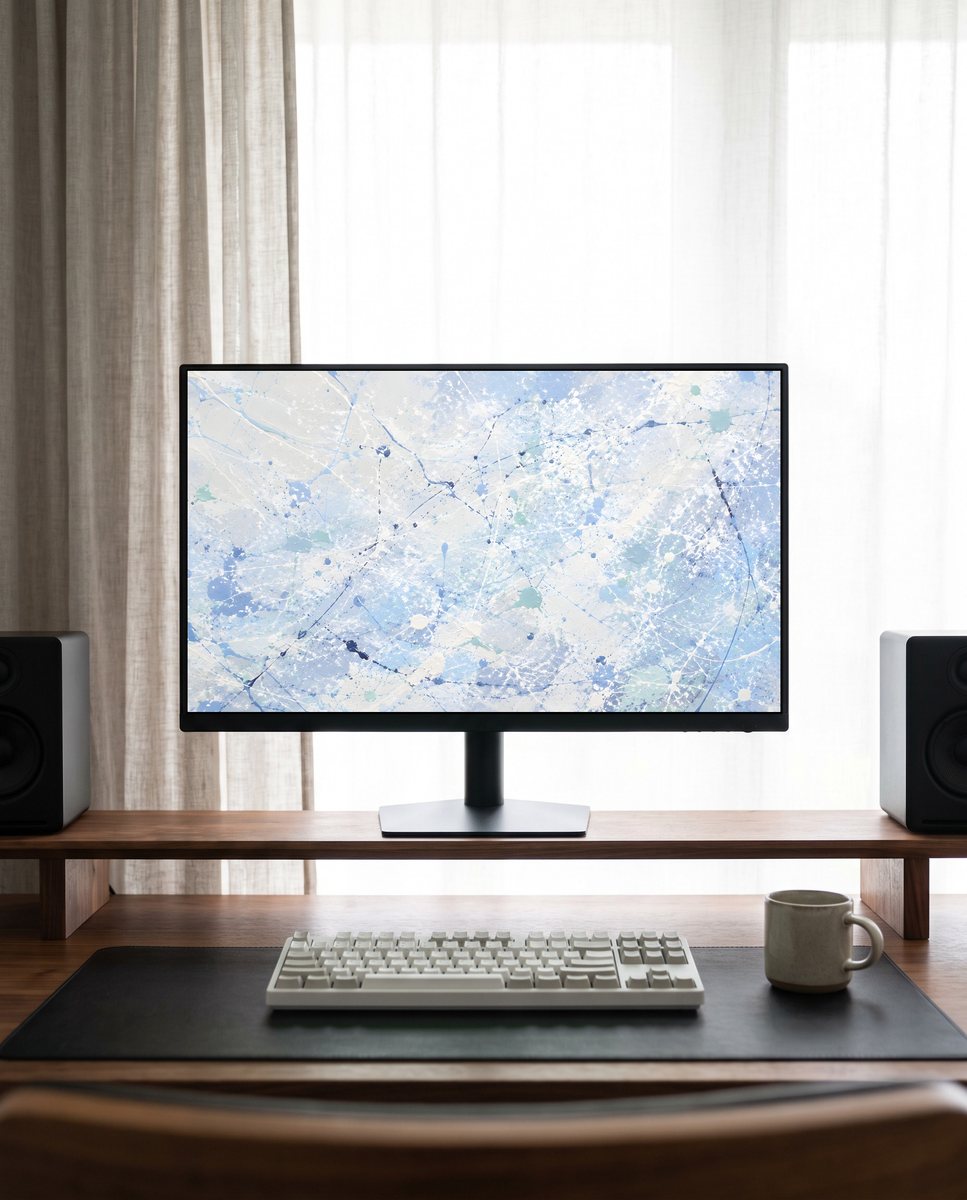 Splatter wallpaper on a monitor on a walnut riser shelf
