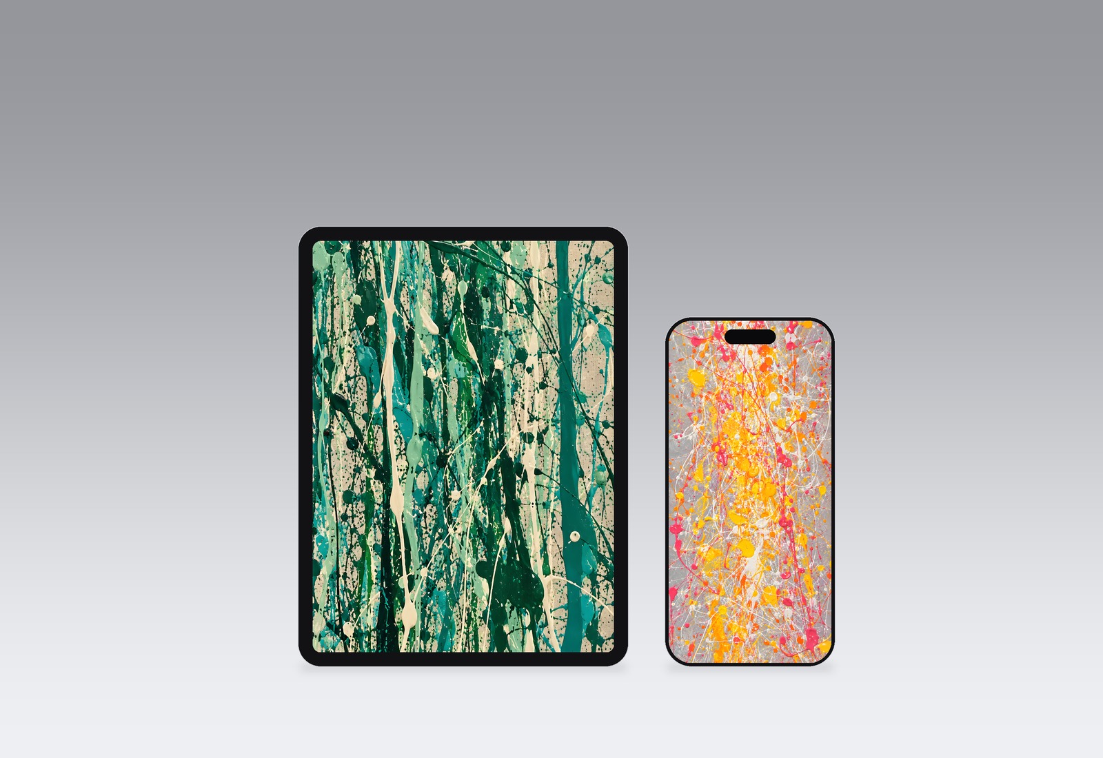 Splatter wallpapers on an iPad and iPhone, second colourway