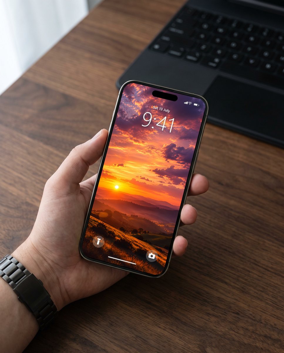 Sunset wallpaper on an iPhone held above a walnut desk