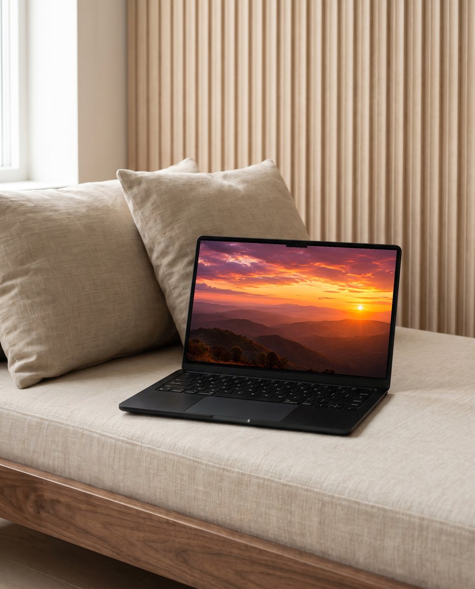 Sunset wallpaper on a laptop on a linen daybed