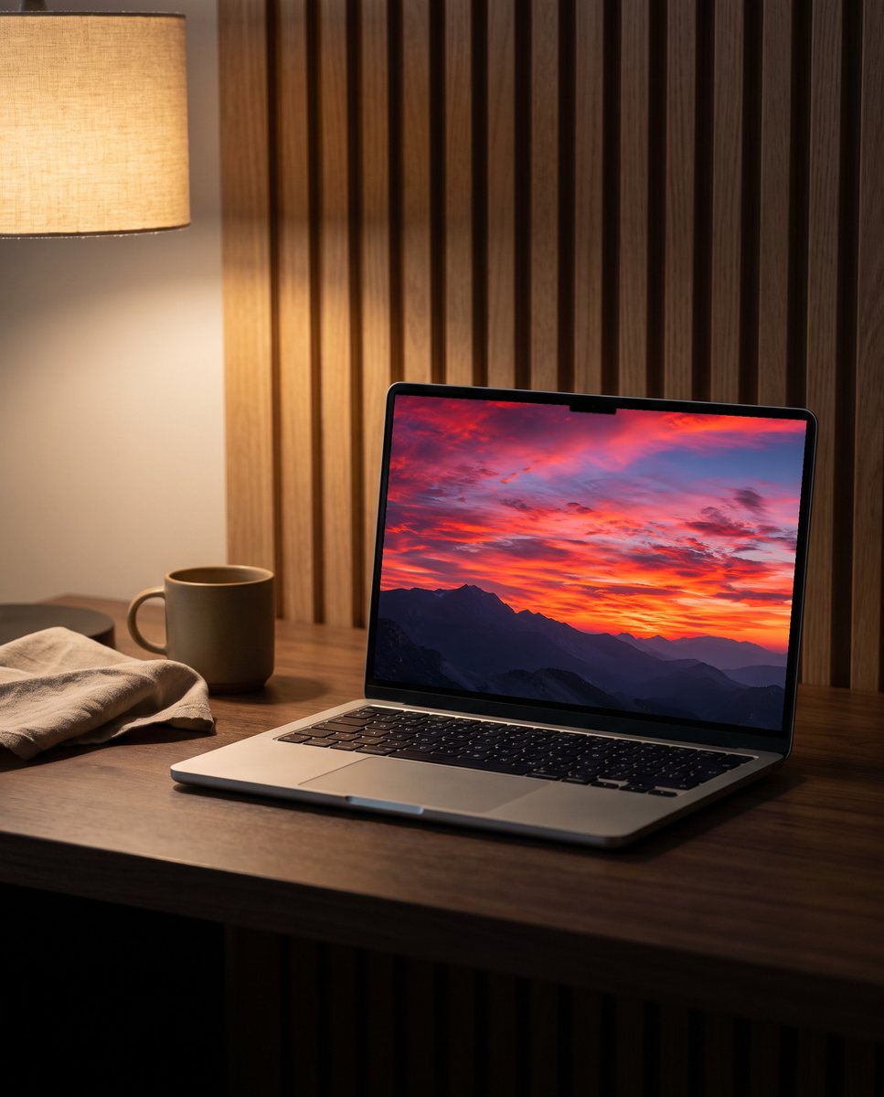 Sunset wallpaper on a laptop on a walnut desk in warm lamplight