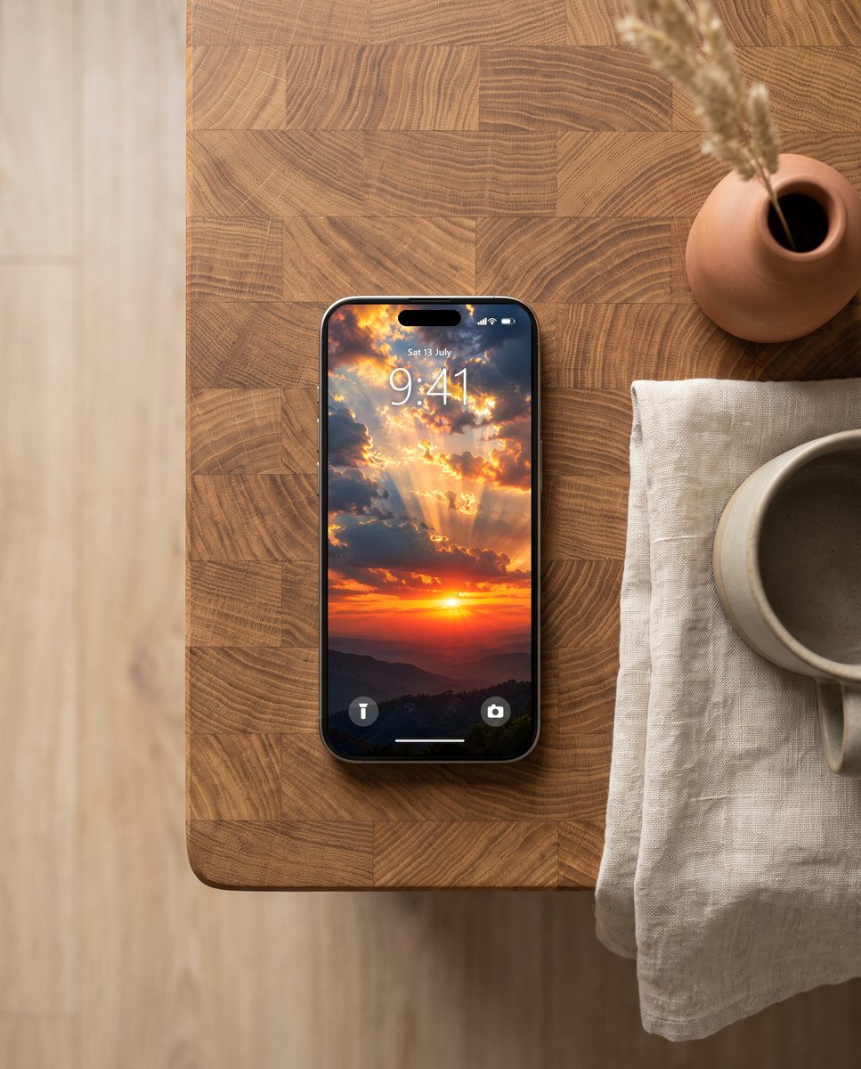 Sunset wallpaper on an iPhone on an oak worktop with linen