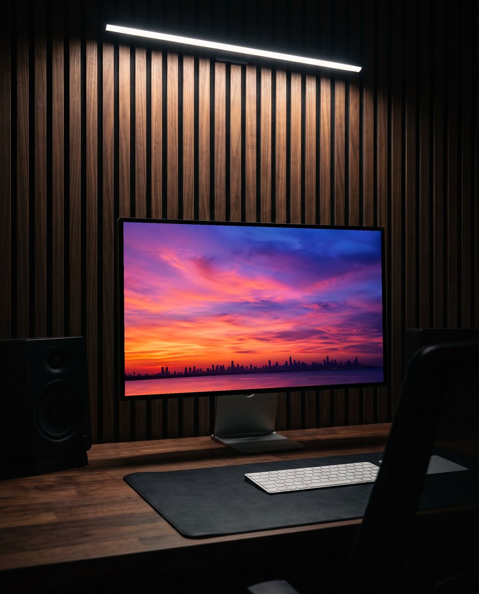 Sunset wallpaper on a monitor against a walnut slat wall at night