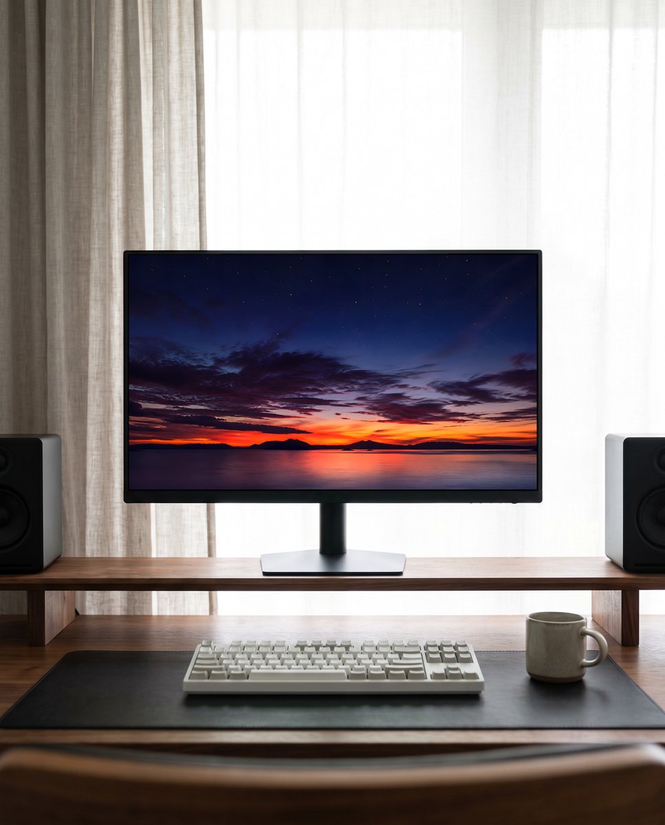 Sunset wallpaper on a monitor on a walnut riser shelf