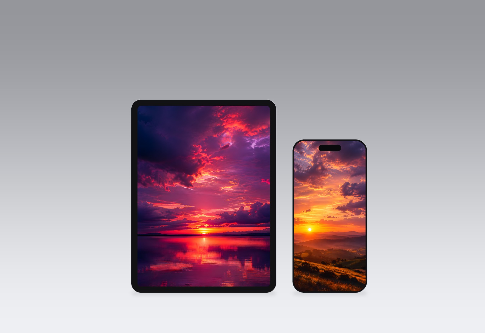 Sunset wallpapers on an iPad and iPhone, second colourway