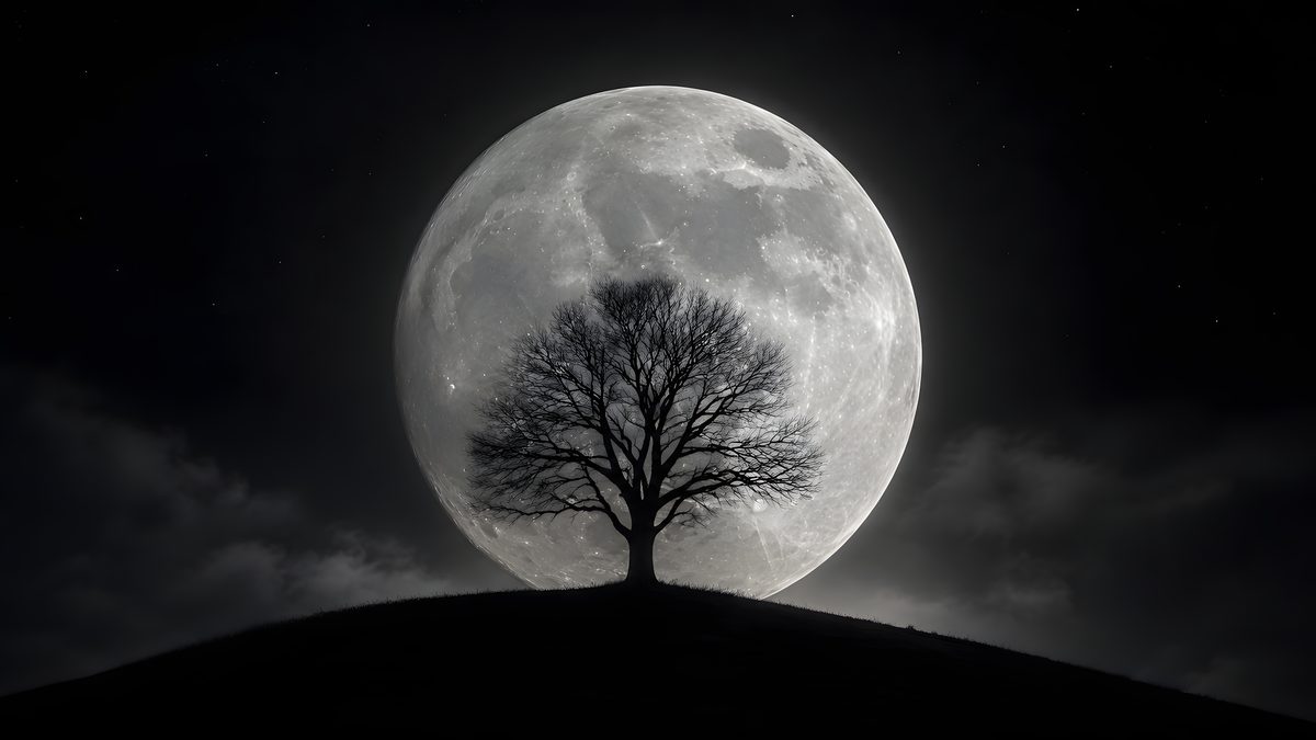Full Moon wallpaper -- a full moon behind a bare tree on a hill, black night sky, free 5K OLED download