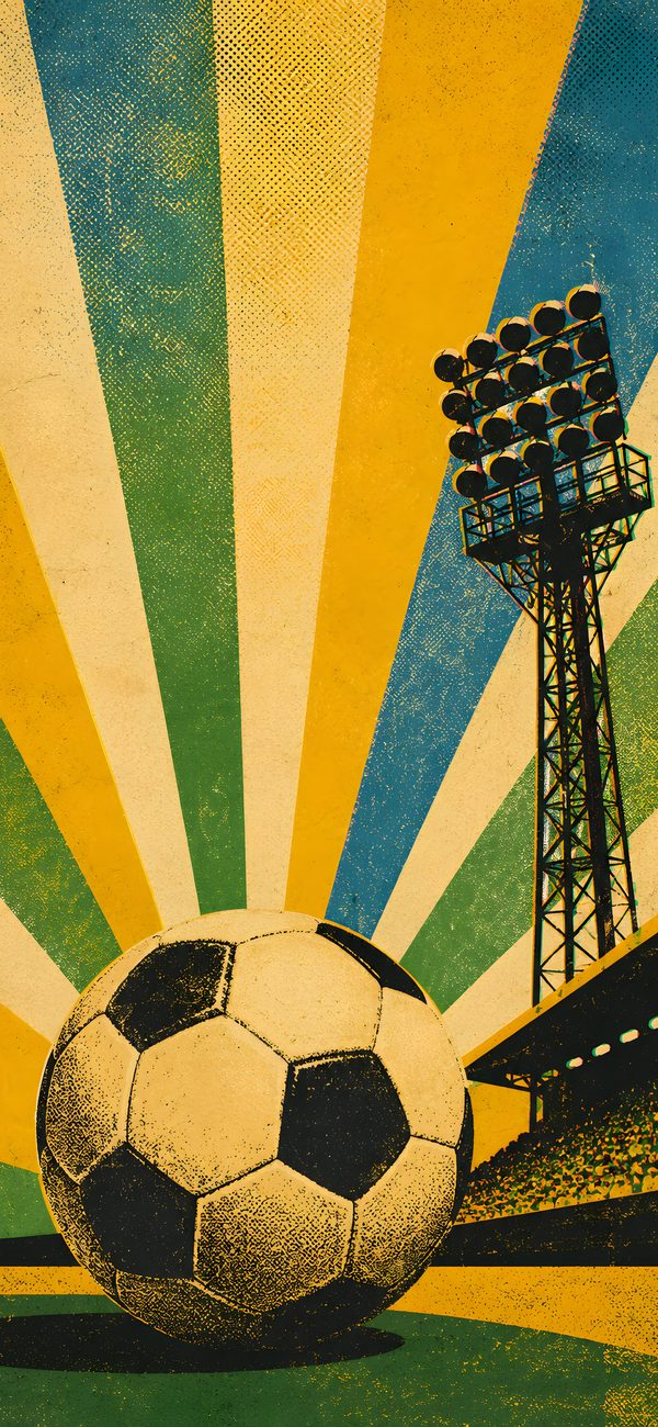 Retro Kickoff phone wallpaper -- screen-print football and floodlight under a sunburst, free 1290x2796 download