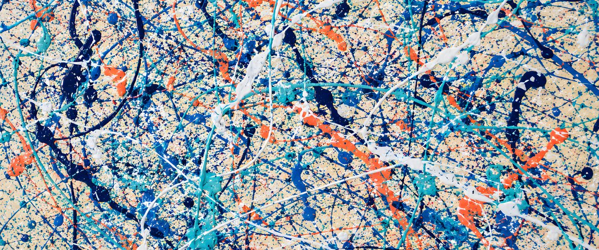 Splatter ultrawide wallpaper -- navy, teal and orange paint drips over cream, free 3440x1440 download